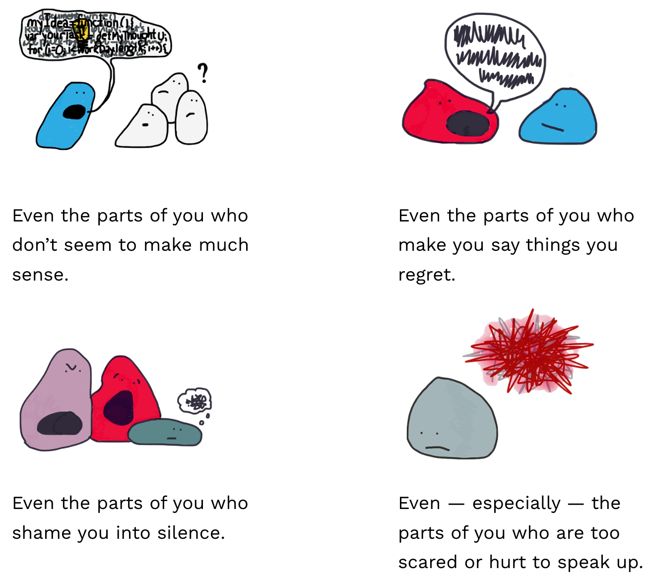 Even the parts of you who don’t seem to make much sense, or make you say things you regret, or shame you into silence. Even — especially — the parts of you who are too scared or hurt to speak up.