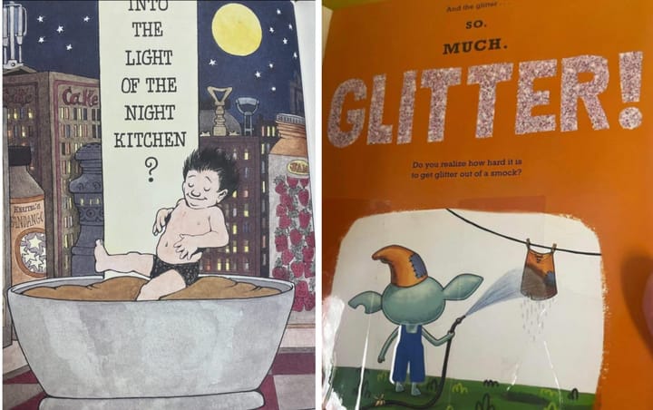 Two pictures from picture books in which clothing has been applied to a naked boy and goblin using clear tape.
